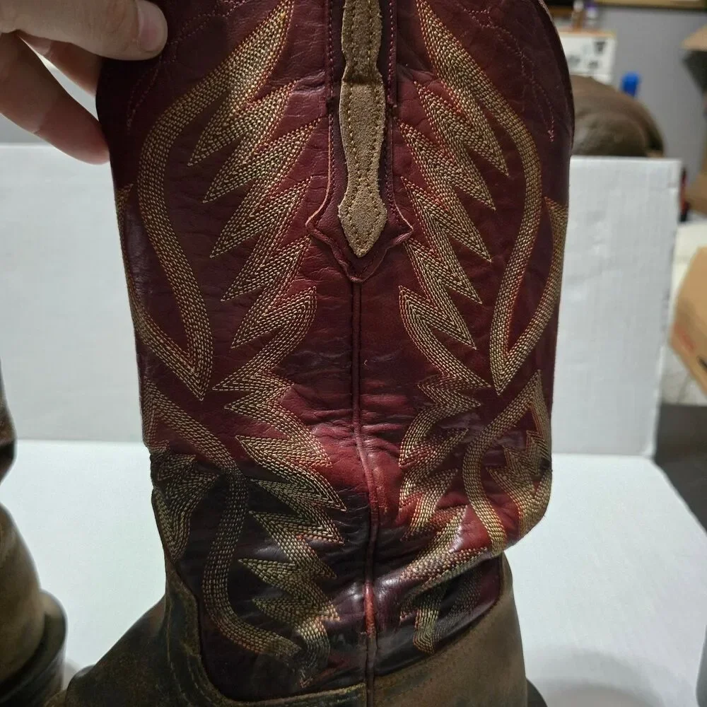 Lucchese Boots Men's 8.5 Brown Red Western Cowboy Square Toe CZ35037